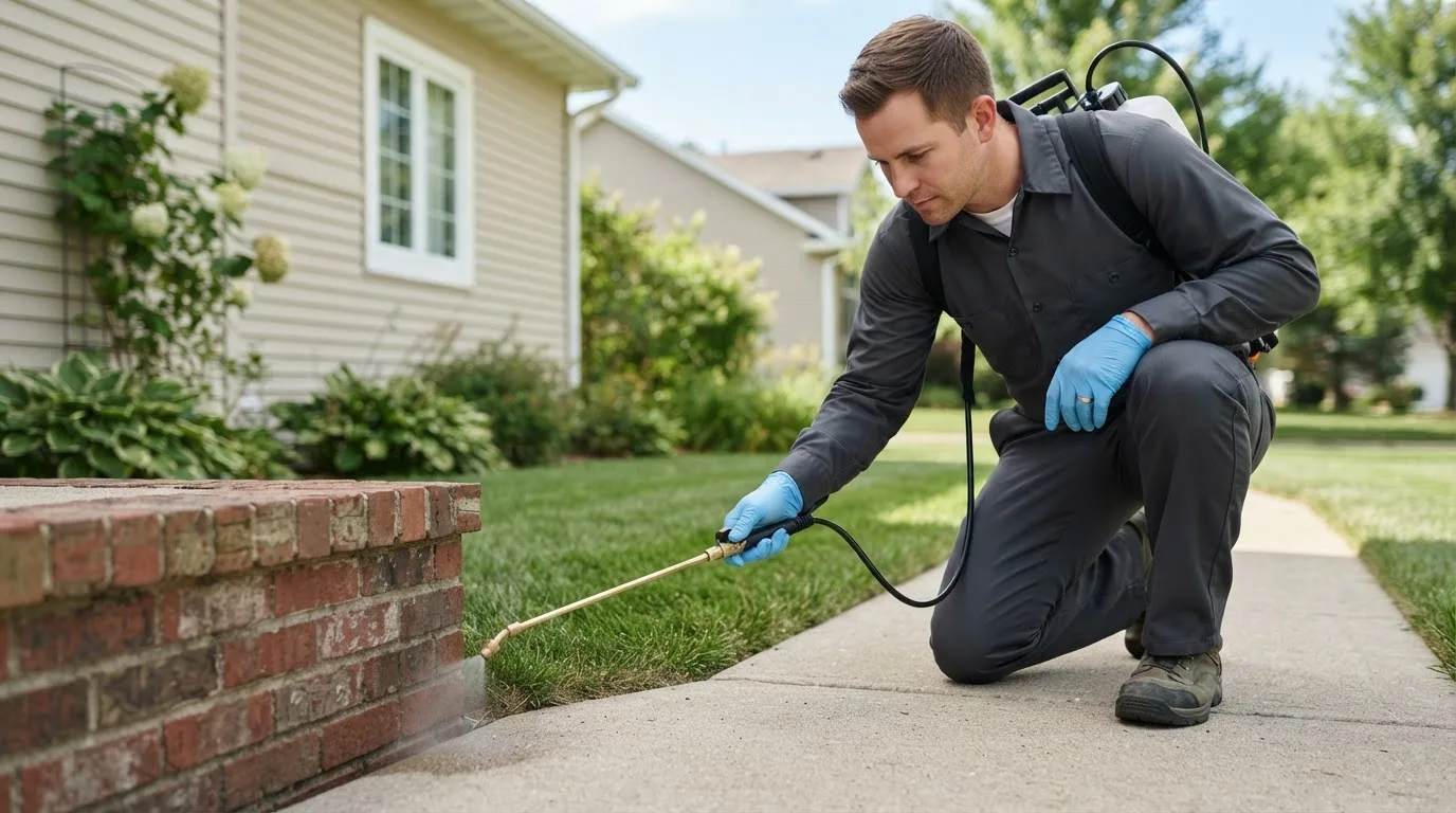 Pest control technician treating a home near Westfield Center, OH