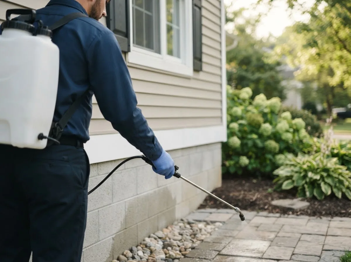 Pest control technician inspecting a home in Westfield Center, OH